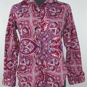 Women’s 6P Lands’ End No Iron Supima Purple Paisley L/S Button Down Fall Shirt